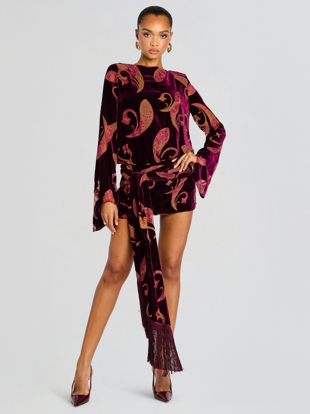 Retrofete Burgundy Velvet Paisley Tie-Waist Long Sleeve Dress
